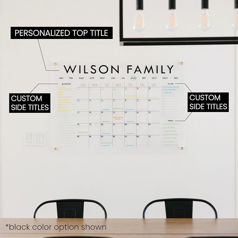 Personalized Clear Acrylic Calendar for Wall, Calendar Whiteboard for Wall, Dry Erase Wall Calendar, Wall Calendar Organizer System for Home (Block, Black, 38"W x 26"H)