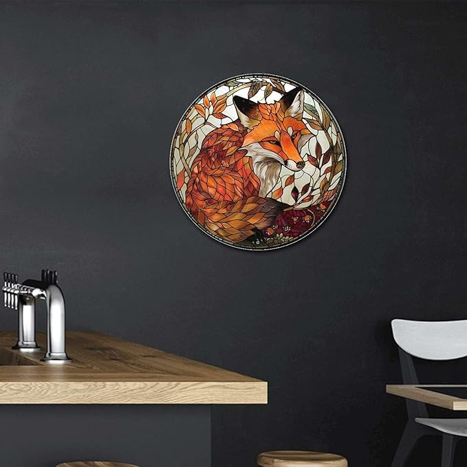 Lygond Metal Sign Tin Sign Circular Stained Glass Red Fox2 Gardening Sign for Yard 8×8 Inches