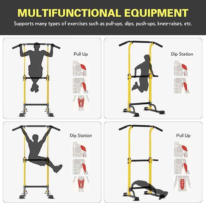 soges Power Tower Pull Up Bar Station, Free Standing Pull Up Rack Dip Station for Home Gym, Height Adjustable Home Strength Training Fitness Workout Equipment