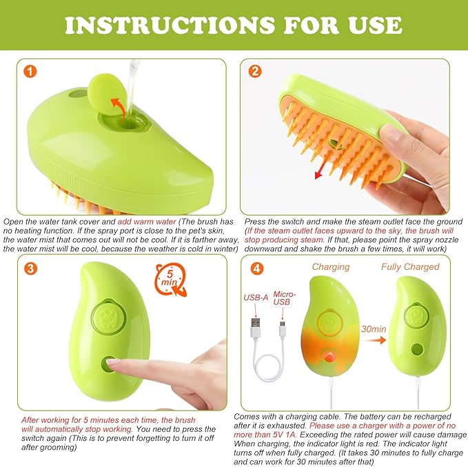 Steam Brush for Cats Shedding, 3 in 1 Steamy Water Pet Hair Removal Comb with Steamer, Spritz Comb for Dog, Indoor Cat Spray Mist Grooming Defur Brush, Cepillo Vapor Gato Perro, Steaming Cleaning Spa
