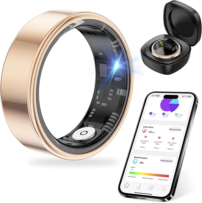 Thin Smart Ring for Fitness & Health Tracking -Heart Rate/Blood Oxygen Monitor, 5ATM Waterproof, Sleep Analysis, Pedometer -No APP Subscription Compatible with Smartphone (Rose Gold, 9)