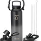 Trebo 40oz Water Bottle with 3 Lid and handle, Vacuum Insulated Stainless Steel Metal Outdoor Leakproof BPA-Free Flask, Keep Cold 48 Hours Water Jug, Best Gift for Men Women Holiday, Dark Gray