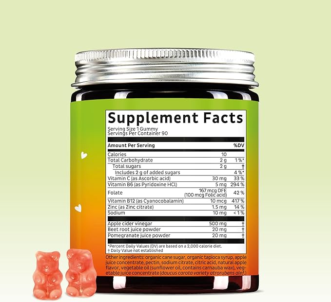 Apple Cider Vinegar Gummies – Metabolism & Detox Support with Vitamins B6, B12, Iodine & Folic Acid – Vegan. Balanced Gut (90 Gummies)