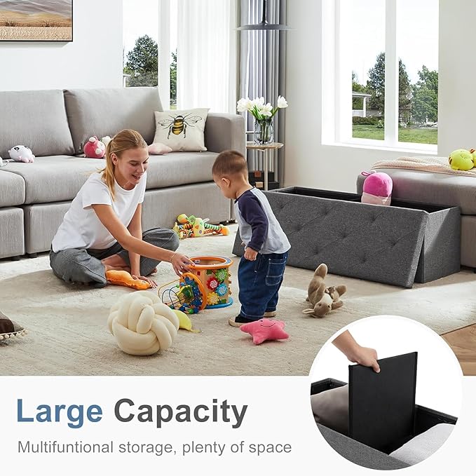 Sweetcrispy Foldable Storage Ottoman 43in, Storage Chest, Large Ottoman Bench Foot Rest Stool with Padded Seat for Entryway Living Room, Bedroom,Load 350lbs, Modern Grey