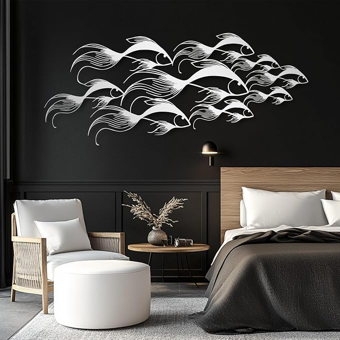School of Fish Metal Wall Art, Metal Fish Wall Decor, Sea Life Wall Art, Large Nautical Wall Hanging, Modern Beach House Wall Decor, Ocean Themed Artwork for Bathroom (White, 48"x20" | 121x51cm)