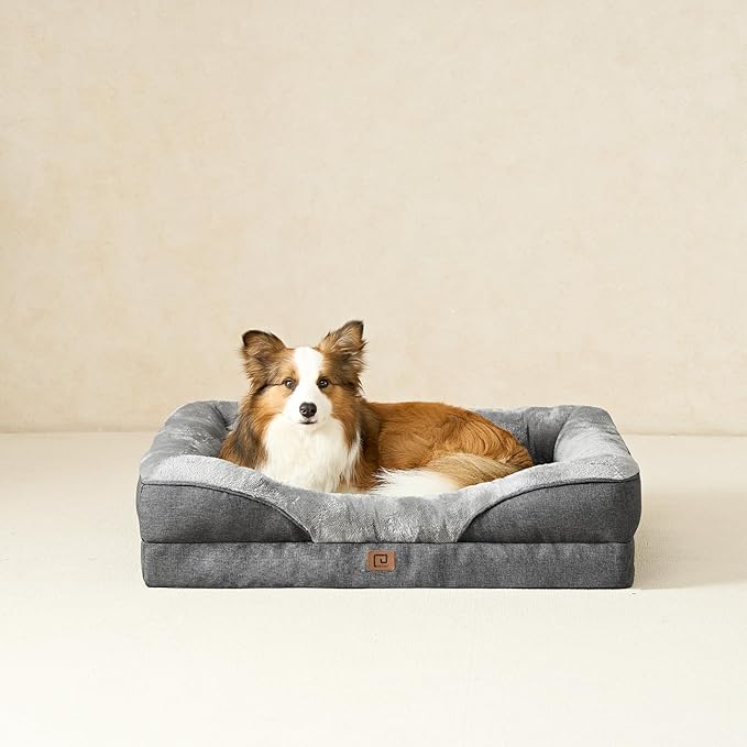 EHEYCIGA Memory Foam Dog Bed for Large Sized, Orthopedic Dog Sofa with Sides and Waterproof Liner, Washable Bolster Pet Bed Couch with Removable Cover, 36x27x7 Inch, Grey