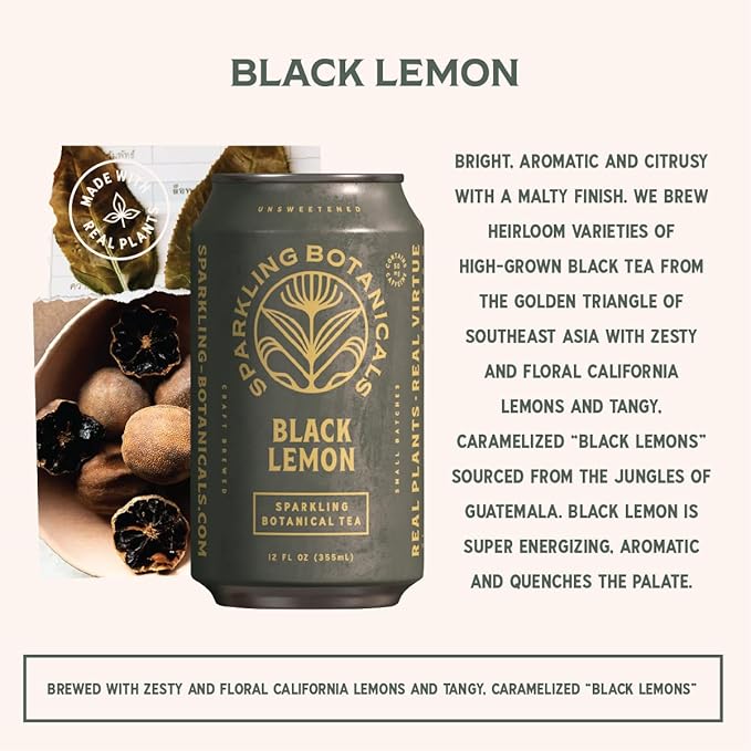 Rishi Tea Black Lemon Sparkling Botanicals Sparkling Water - Organic, Unsweetened, Zero Added Sugar, Caffeinated, Craft-Brewed From Real Plants - 12 oz (Pack of 12)