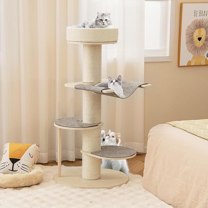 Tangkula Wood Cat Tree, 47 Inch Multi-Layer Cat Tower with 5.7” Thicker Sisal Covered Scratching Posts & Carpet, Padded Top Perch, 2 Jumping Platforms, Hammock, Modern Cat Tree Tower for Indoor Cats