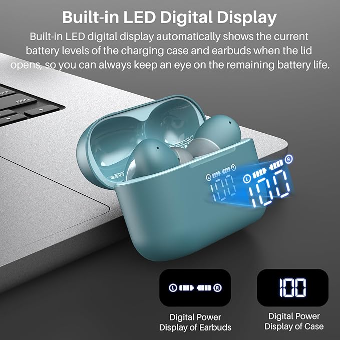 TOZO T20 Wireless Earbuds Bluetooth Headphones 48.5 Hrs Playtime with LED Digital Display, IPX8 Waterproof, Dual Mic Call Noise Cancelling 10mm Broad Range Speakers with Wireless Charging Case Green