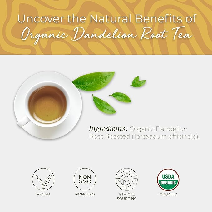 Starwest Botanicals Organic Dandelion Root Tea - Cleansing Herbal Tea, Caffeine Free, Natural Elimination Support, String Free Sachets, USDA Organic Dandelion Root Roasted, Non GMO - 20 Tea Bags