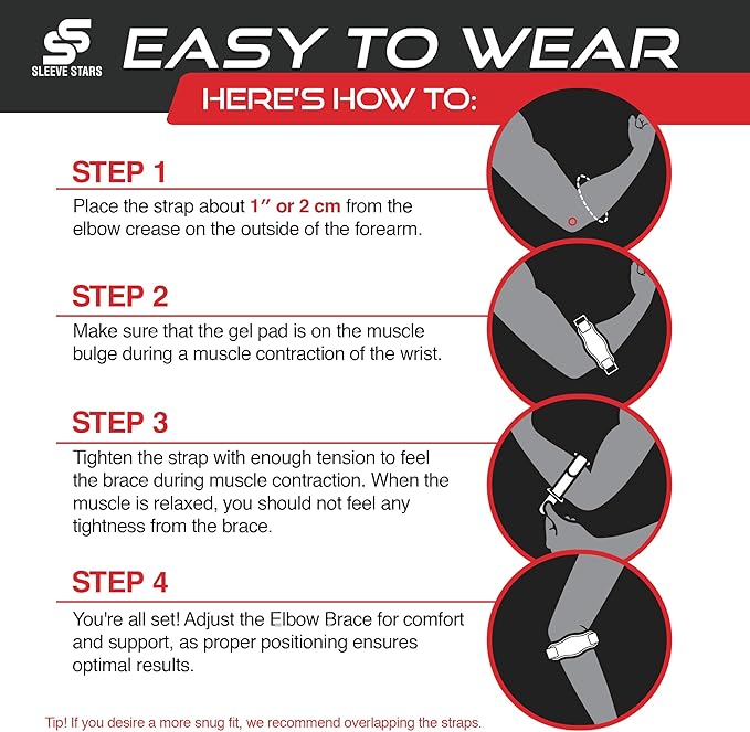 Sleeve Stars Tennis Elbow Brace for Women - Adjustable Tennis Elbow Strap, Golfers Elbow Brace for Men, Counterforce Brace for Tennis Elbow for Tendonitis Relief, Fits 9"-23" (Single/Black)
