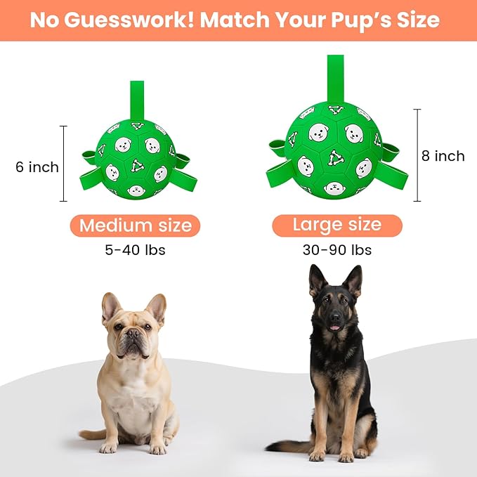 Interactive Dog Toys, Soccer Ball with Straps, Durable Herding Ball for Tug of War, Water Pool Dog Busy Toys for Indoor/Outdoor Play – Fun Birthday Gift for Medium & Large Dogs, 8 Inch