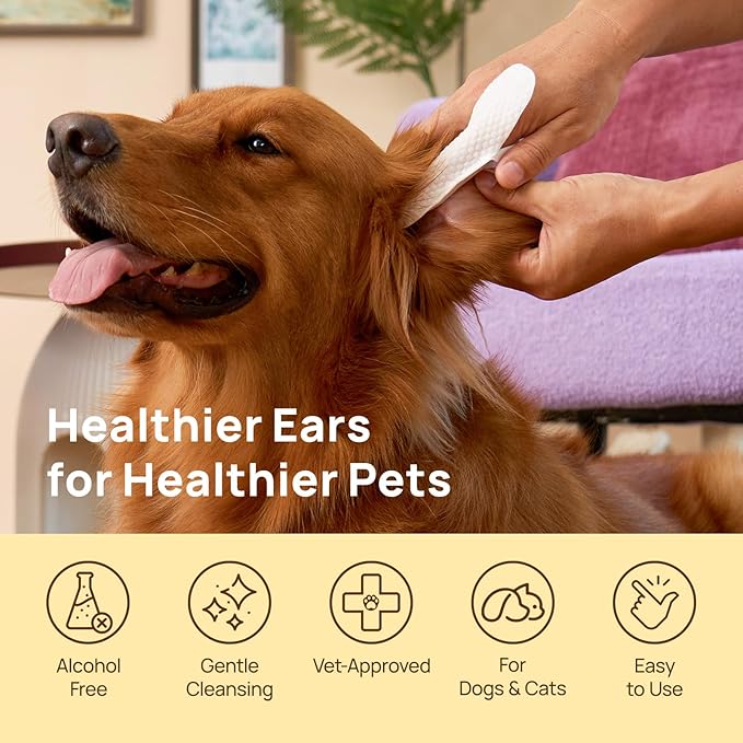 HICC PET Dog Ear Wipes Finger 100 Count Dog Ear Cleaner Wipes for Dogs & Cats, Dog Ear Infection Treatment to Relieve Ear Itching & Inflammation, Remove Ear Wax, Dirt, Smelly - Unscented