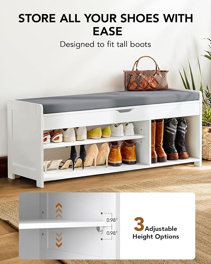 Amada Shoe Storage Bench, Entryway Bench with Cushioned Seat & Lift Top Storage, 3 Doors, Adjustable Shelf, 300 lbs Capacity, Bench with Shoe Rack for Entryway, Bedroom, Living Room, White