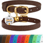 BRONZEDOG Leather Cat Collar with Removable Bells Non Breakaway Kitten QR Tag for Girl Boy (7" - 9" for Cats, Dark Brown & Gold)