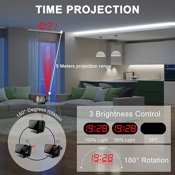Projection Alarm Clock for Bedrooms Ceiling, Digital Clock Radio with USB Charger Port, Temperature & Humidity Display, 7.3” Large LED Display,12/24H,Snooze,Dual Loud Clock- 4 Dimmer