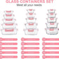 30 Pieces Glass Food Storage Containers Set, Meal Prep Containers Set with Snap Locking Lids, Airtight Glass lunch Containers, Microwave, Oven, Freezer & Dishwasher,Pink