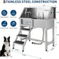 Stainless Steel Dog Washing Station - Dog Bath Tub for Large, Medium, Small Dogs, Pet Grooming Tub with Ramp, Non-Slip Grate, Shower, Soap Box, Faucet, Drain for Home & Outdoor （Left RAMP, 38"）