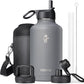 64 oz Insulated Water Bottle with Straw & 3 Lids, Coolflask Half Gallon Water Jug Large Metal Stainless Steel Wide Mouth for Sports, Gym or Office, Non-BPA Keep Cold 48H Hot 24H, Knight Grey