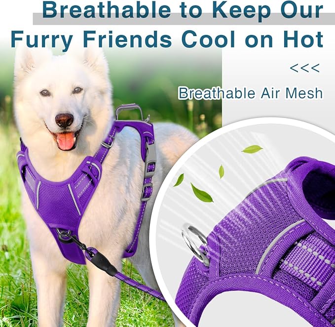 BARKBAY Dog Harness No Pull with ID Tag Pocket - Heavy Duty, Reflective, Easy Control for Large Dogs(Purple,XL)