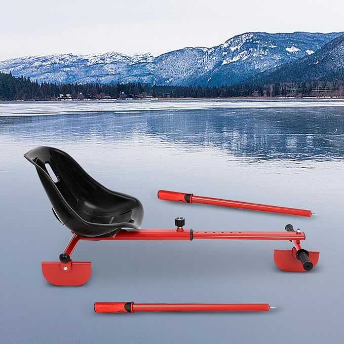 Adjustable Height Ice Skating Ski Sled Board for Kids, 360° Non-Slip Pedals & Support Stick, 176.4lbs Capacity Snow Slider - Red&Black