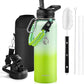 Insulated Water Bottle 40 oz, Triple Wall Vacuum Stainless Steel (Cold for 48 Hrs), Leak Proof & Non-BPA, Modern Water Flask Jug with Paracord Handle & Straw Spout Lids, Ombre Green