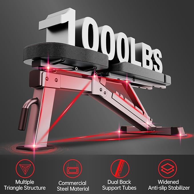 JOROTO MD80 Adjustable Weight Bench, 1000LB Capacity Heavy Duty Strength Training Bench for Home Gym, Flat/Incline/Decline Utility Workout Bench Press with Wheels & Extended Backrest