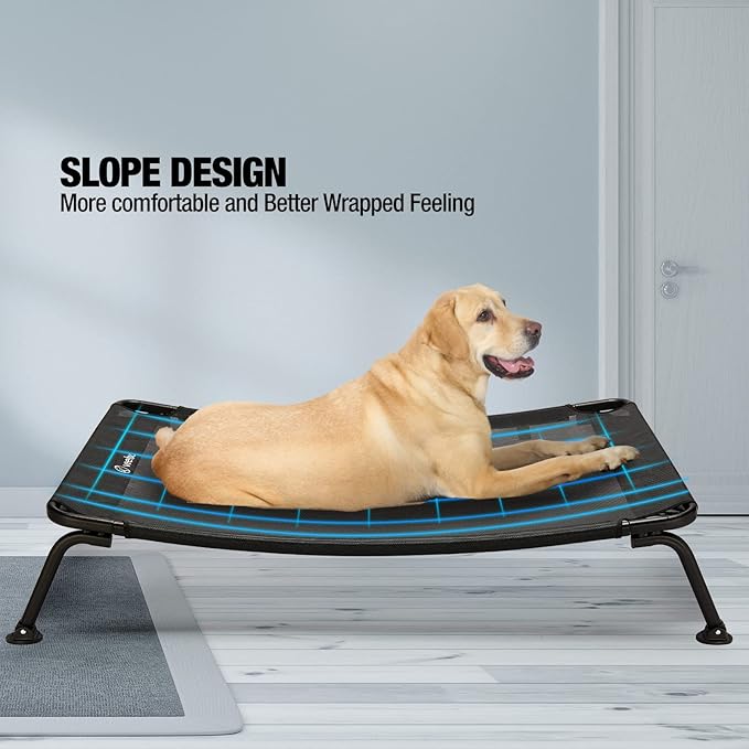Veehoo Outdoor Elevated Dog Bed, Cooling Raised Dog Cot Bed XL, Portable Waterproof Curved Dogs Hammock Beds for Outside, up to 150lbs, Black Legs, Black 49"