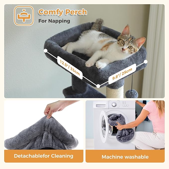 PAWZ Road Cat Tree, 51.6 Inches Cat Tower with Dual Condos, Spacious Perch, Cozy Basket and Sisal-Covered Scratching Posts for Indoor Cats- Dark Gray