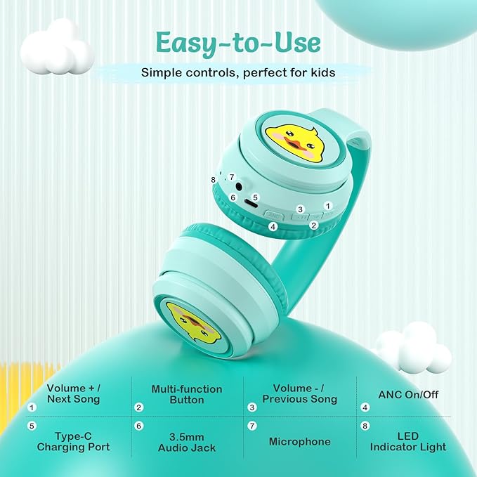 Active Noise Cancelling Kids Headphones, 60H Playtime, Wireless Bluetooth Over-Ear Headset, Built-in Microphone for Home/School/Travel/Party - Includes Portable Case