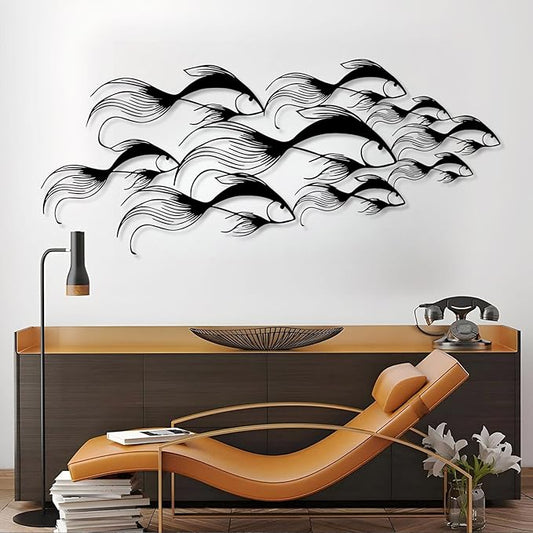 School of Fish Metal Wall Art, Metal Fish Wall Decor, Sea Life Wall Art, Large Nautical Wall Hanging, Modern Beach House Wall Decor, Ocean Themed Artwork for Bathroom (Black, 41"x18" | 105x45cm)