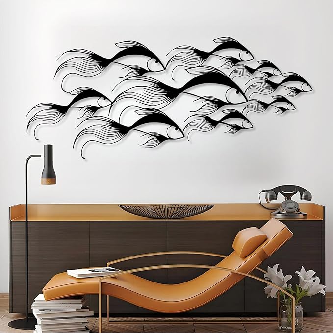 School of Fish Metal Wall Art, Metal Fish Wall Decor, Sea Life Wall Art, Large Nautical Wall Hanging, Modern Beach House Wall Decor, Ocean Themed Artwork for Bathroom (Black, 53"x22" | 135x57cm)