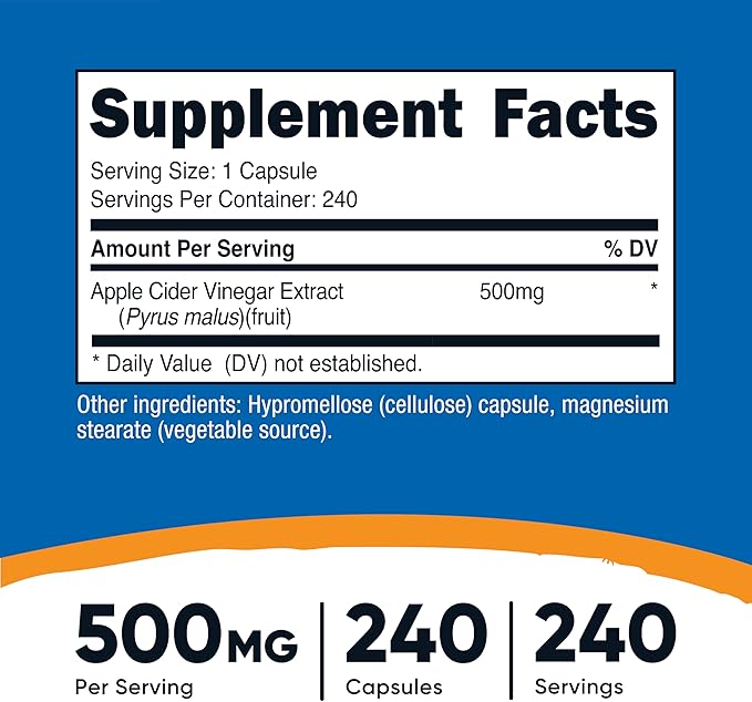 Nutricost Apple Cider Vinegar 500mg, 240 Vegetarian Capsules - Natural, Non-GMO, and Gluten Free (2 Bottles)