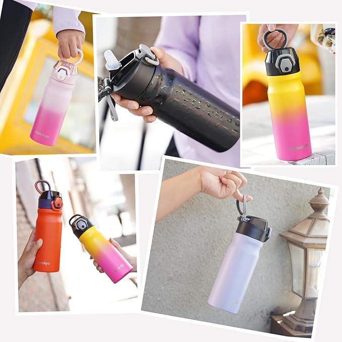 Insulated Water Bottle with Straw and Carry Loop,18 oz Stainless Steel Double Wall Vaccum Metal Water Flask with Leak-proof Lid,Cherry