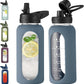 32 oz Glass Water Bottle with Straw and Handle, Sports Motivational Water Flask with Silicone Sleeve, Large Leakproof Water Flask Cup with Time Marker for Travel, Gym, Dark Blue