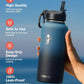 Water Bottle 32 oz Insulated with Straw, Coolflask Stainless Steel Metal 3 Lids Water Flask Wide Mouth for Sports or Office, Non-BPA Keep Cold Up to 48 Hrs or Hot Up to 24 Hrs, Samurai Cyan