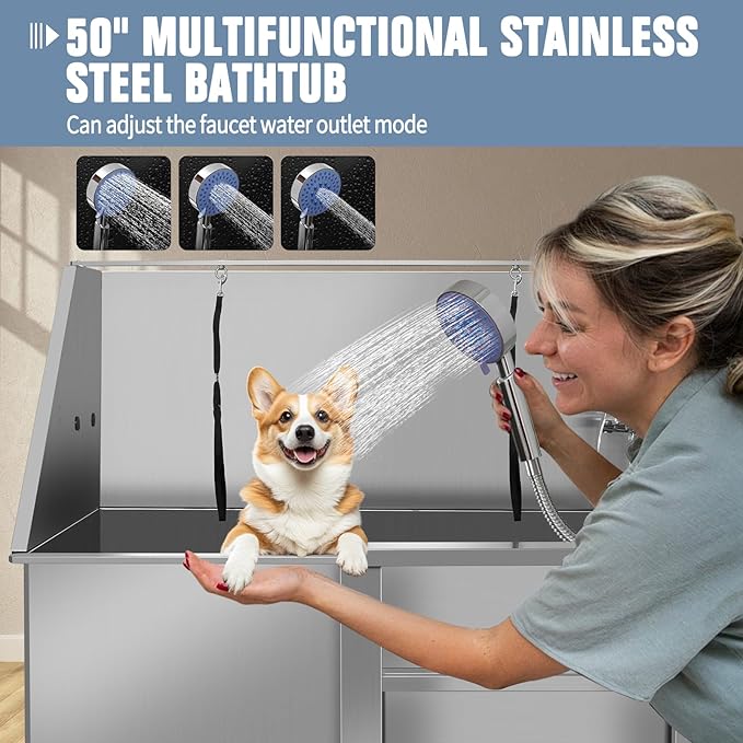 50" Pet Dog Bathing Station W/Ramp, Professional Stainless Steel Dog Grooming Tub W/Soap Box, Faucet,Rich Accessory, Dog Bathtub for Large,Medium,Small Pets, Washing Sink for Home (50" Right ramp)