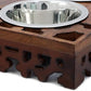 Elevated Pet Feeder for Dogs and Cats - Hand Carved Wood Bones Raised Dog Bowl Stand - Pet Feeding Stand with Two Steel Bowls - Raised Dog Bowl for Food Water - Pet Feeding Station -17x11x4- IRONGATE