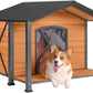 Aivituvin Dog House with Anti-Chewing Metal Frame Outdoor Large Wooden Dog Kennel Outside with Overhang Roof Large Porch Weatherproof