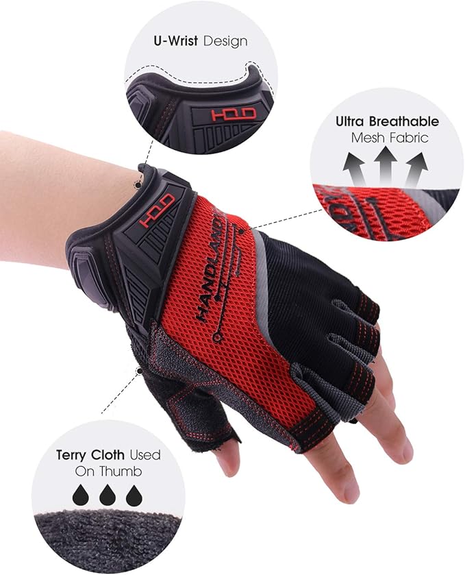 HANDLANDY Fingerless Work Gloves for Men, Half Finger Working Glove Grip Shock-Absorbing Breathable Uwrist TPR Anti-collision Gloves for Mens & Women (M)