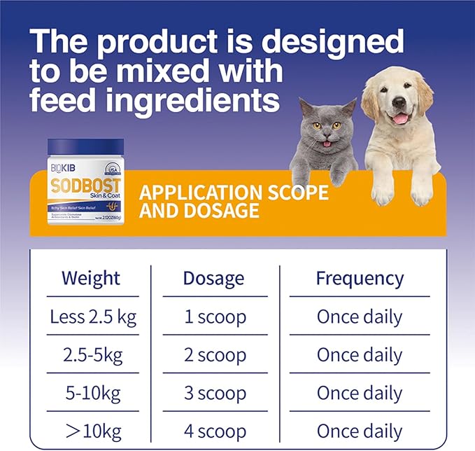 SODBOST Dog Allergy & Itch Relief, Cat Skin & Coat Supplement Powder -SOD Enzyme Skin Relief Formula for Allergy & Itch Relief & Reduces Shedding - Plant-Based, Made in USA - 60 Scoops