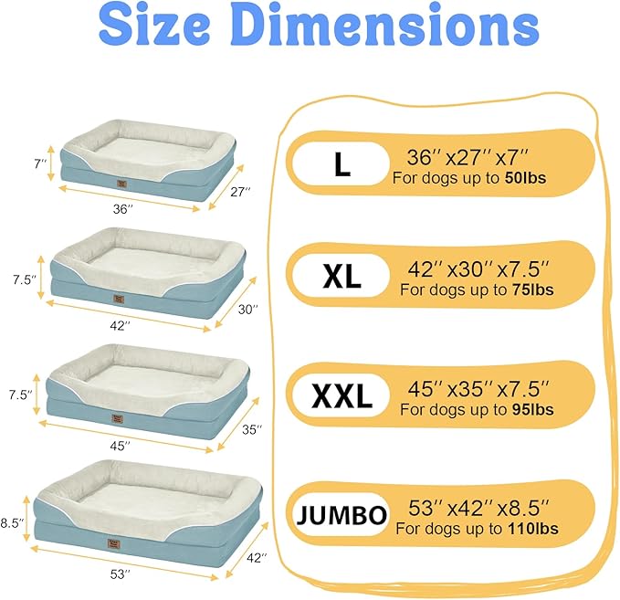 Orthopedic Foam Large Dog Bed XLarge Dog Bed with Removable Washable Cover Pet Beds with Bolster Waterproof Cover Large Size Dogs