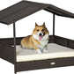 PawHut Wicker Dog House Outdoor with Canopy, Rattan Dog Bed with Water-Resistant Cushion, Raised Dog Bed for Small, Medium Dogs up to 66 lbs, 19.75" in Length, Brown Wicker, White Cushion