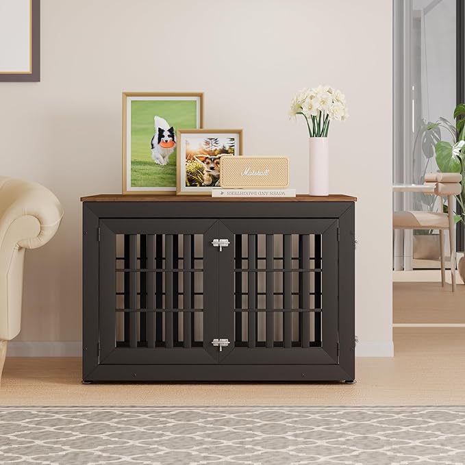 42" Heavy Duty Dog Crate Furniture for Small,Medium and Large Dogs,Rustic Wooden Dog Cage Kennel Indoor Furniture with Waterproof Top,Decorative Pet House Side End Table (Black & Wood)