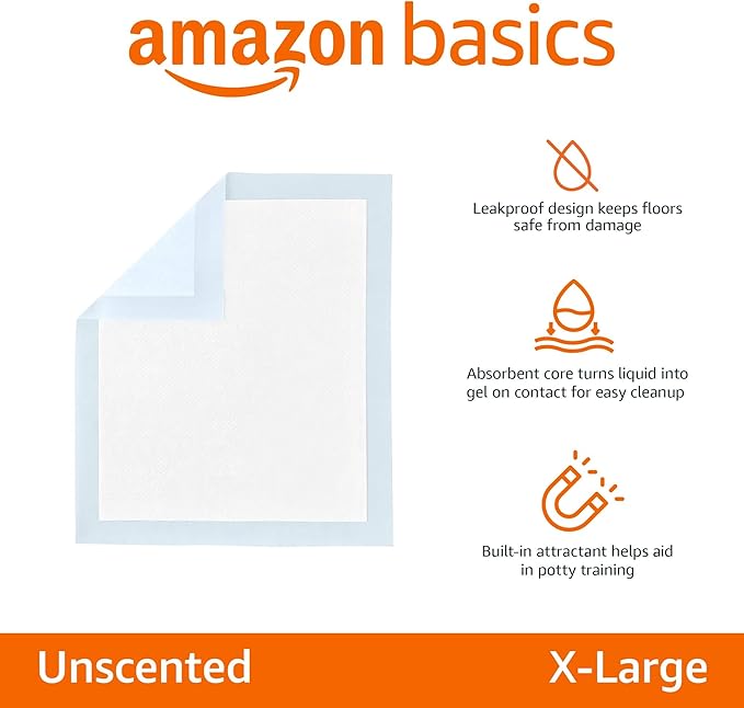 Amazon Basics Puppy Pads with Quick-Dry 5-Layer Leak-Proof Design for Potty Training, X-Large Size 28 x 34 Inch, Pack of 40, Blue & White