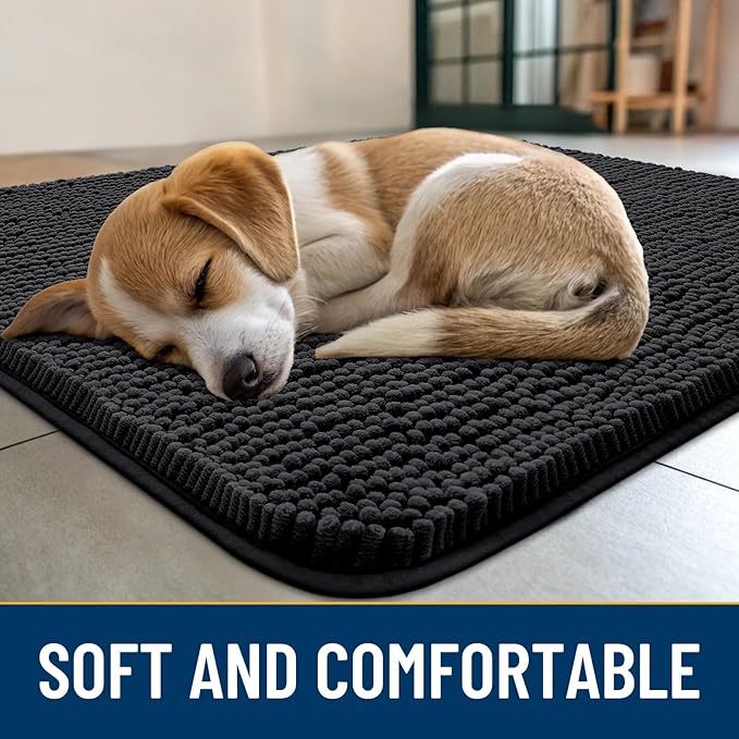 Smiry Dog Door Mat for Muddy Paws 24x16, Absorbs Moisture and Dirt Doormat, Non-Slip Washable Quick Dry Chenille Front Door Mat Indoor Entrance, Entryway Carpet for Inside Floor, Black