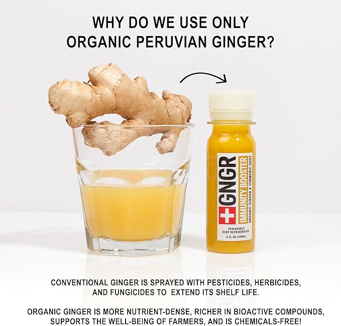 '+GNGR Immunity Aid Organic Ginger and Lemon Shot - Cold Pressed Ginger Shots with Echinacea, Lemon Juice, Honey, Zinc & Vitamin D3, Immune & Digestive Support (2 Oz, Pack of 12)