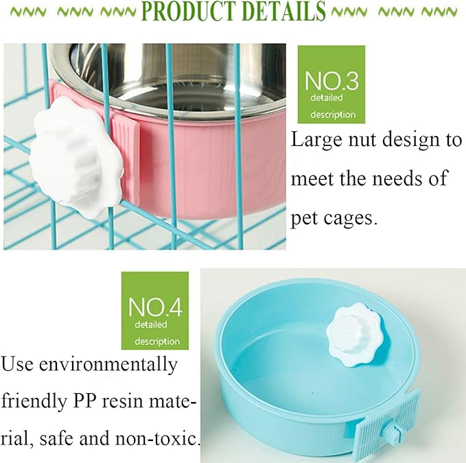 kathson Crate Dog Bowl, Removable Stainless Steel Hanging Pet Cage Bowl Food & Water Feeder Coop Cup for Cat, Puppy, Birds, Rats, Guinea Pigs 2pcs(Green,Pink)
