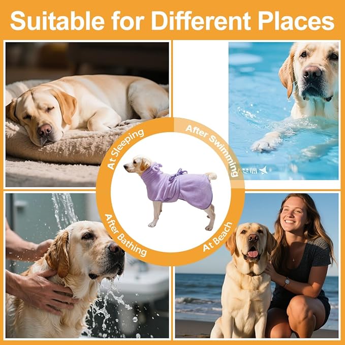Microfiber Dog Bathrobe Towel Super Absorbent Dog Quick Dry Bathrobe for Puppies, Suitable for Medium and Large Dogs (Purple, XL)