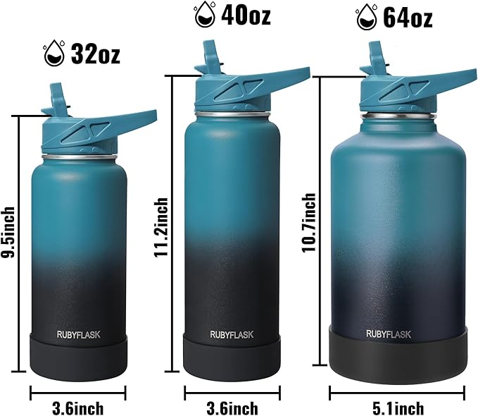40oz Insulated Water Bottle with Straw, Stainless Steel Metal Vacuum Water Flask, Large Thermal Water bottle with Leakproof 3 Lids for Travel, Camping, Gym Sports Indigo Black